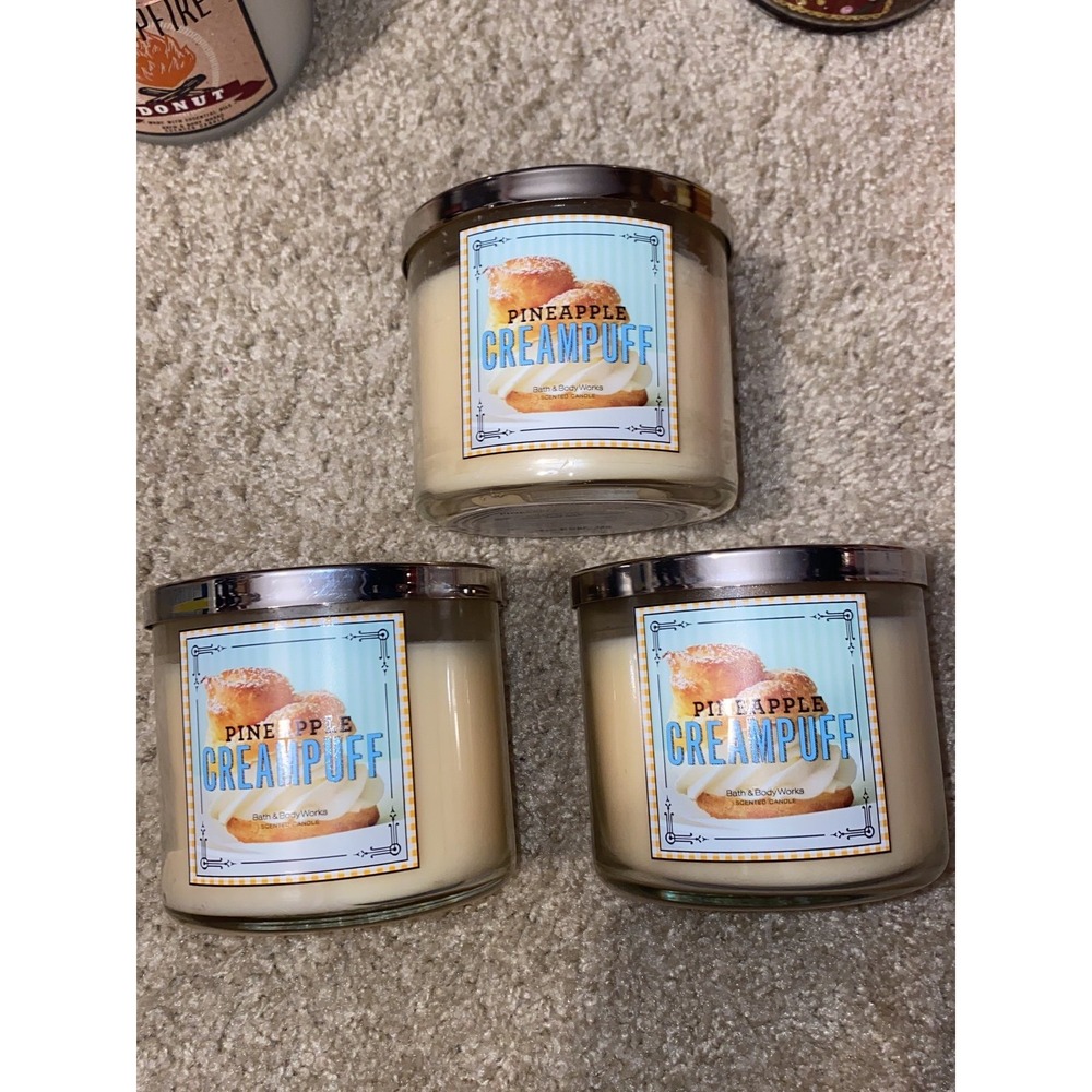 Bath and Body Works Pineapple Cream Puff 3 Wick Candle Set of 3